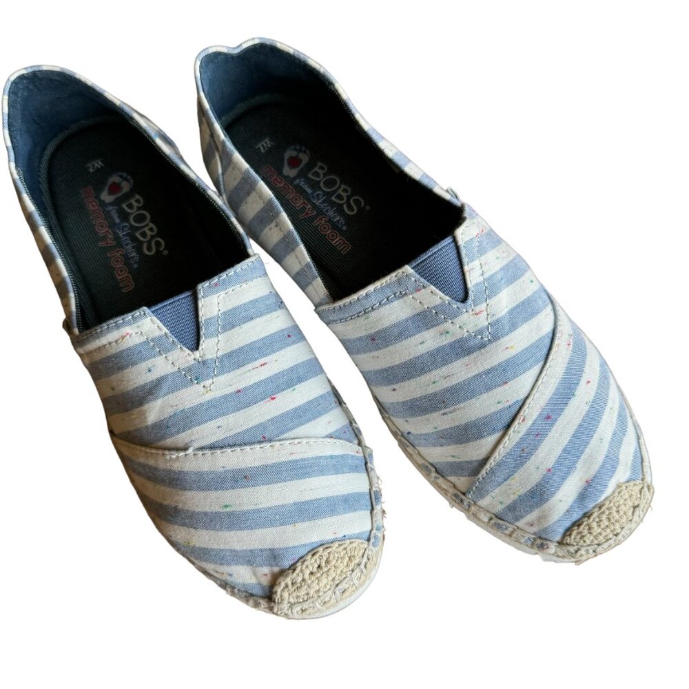 Skechers Bobs Espadrilles Women 7 Blue White Stripe Memory Foam Canvas Slip On